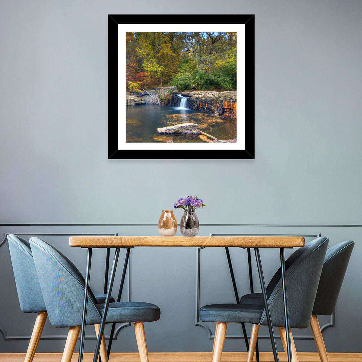 Freeman Mill Stone Dam Pond Wall Art in a room, landscape