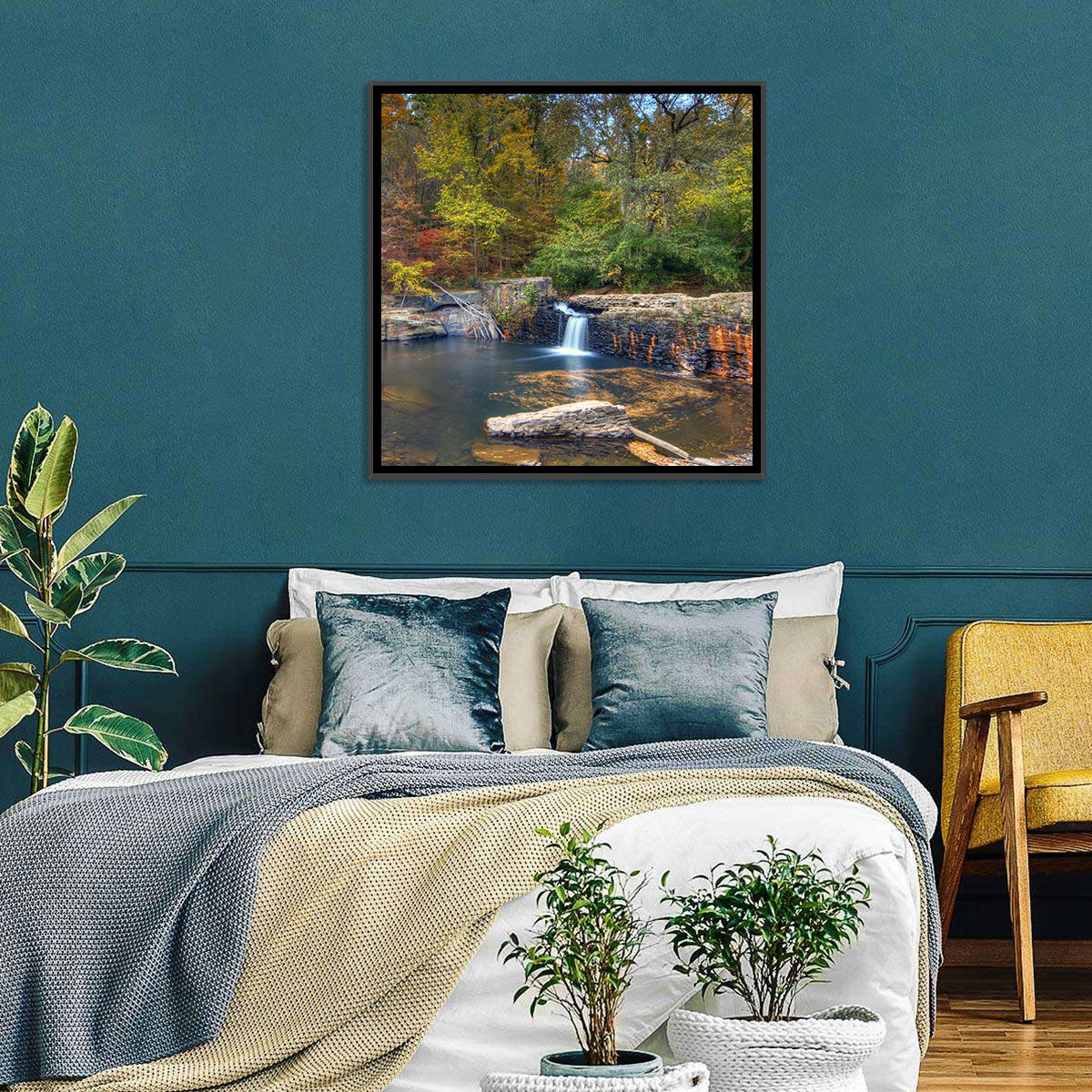 Freeman Mill Stone Dam Pond Wall Art in a room, landscape