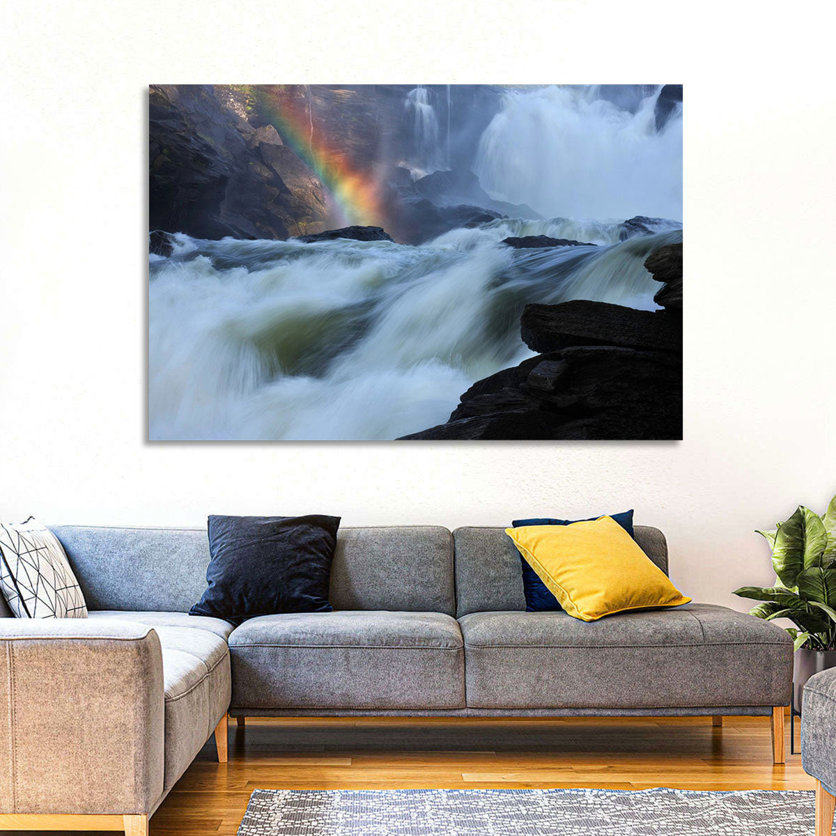 Rainbow Over Rushing River Wall Art in a room, landscape