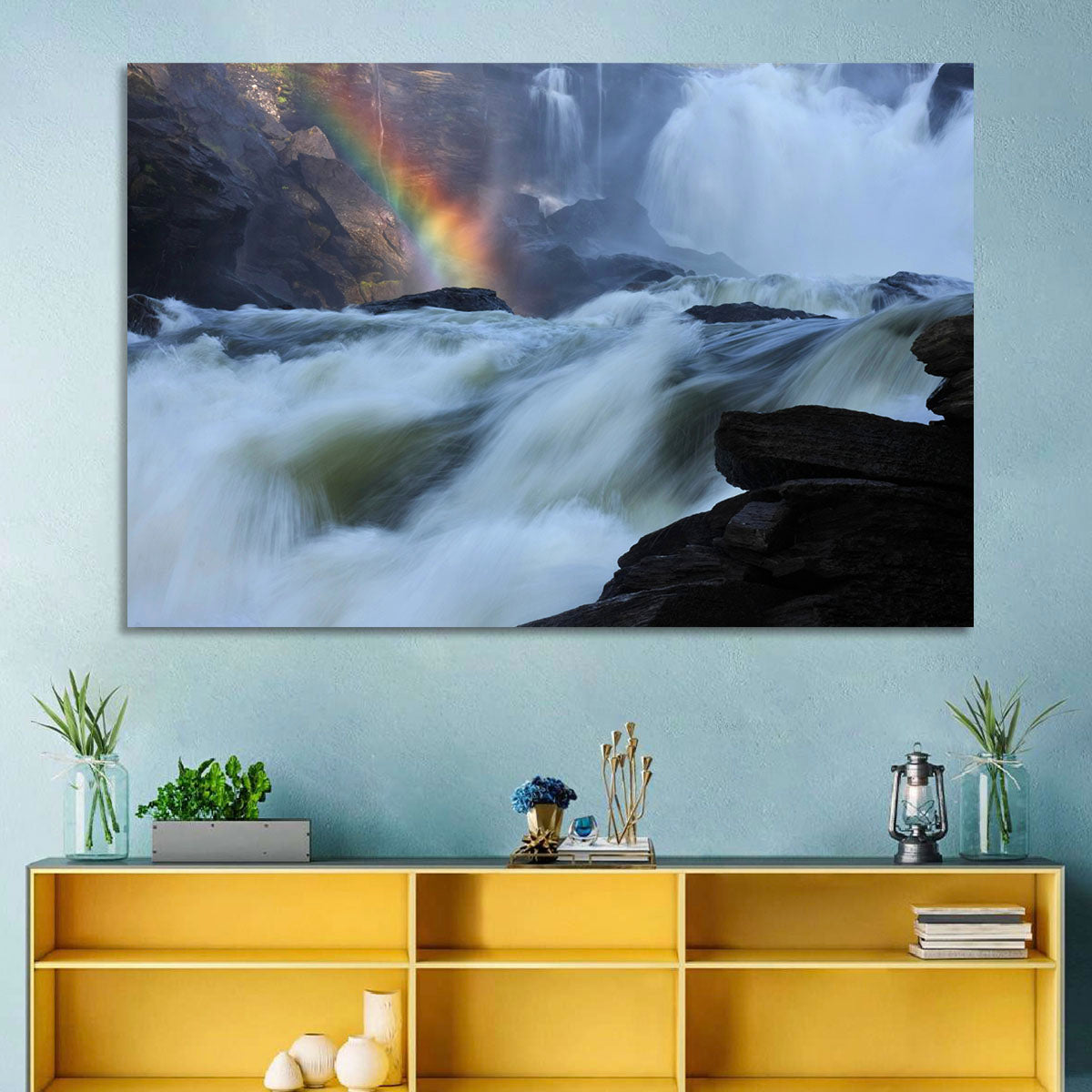 Rainbow Over Rushing River Wall Art in a room, landscape