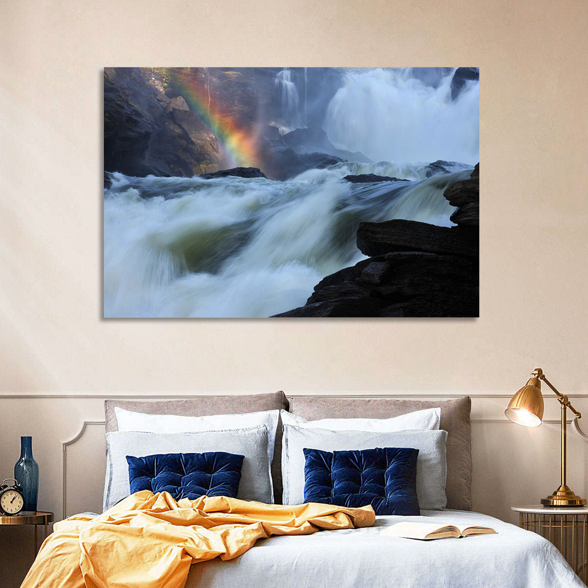Rainbow Over Rushing River Wall Art in a room, landscape