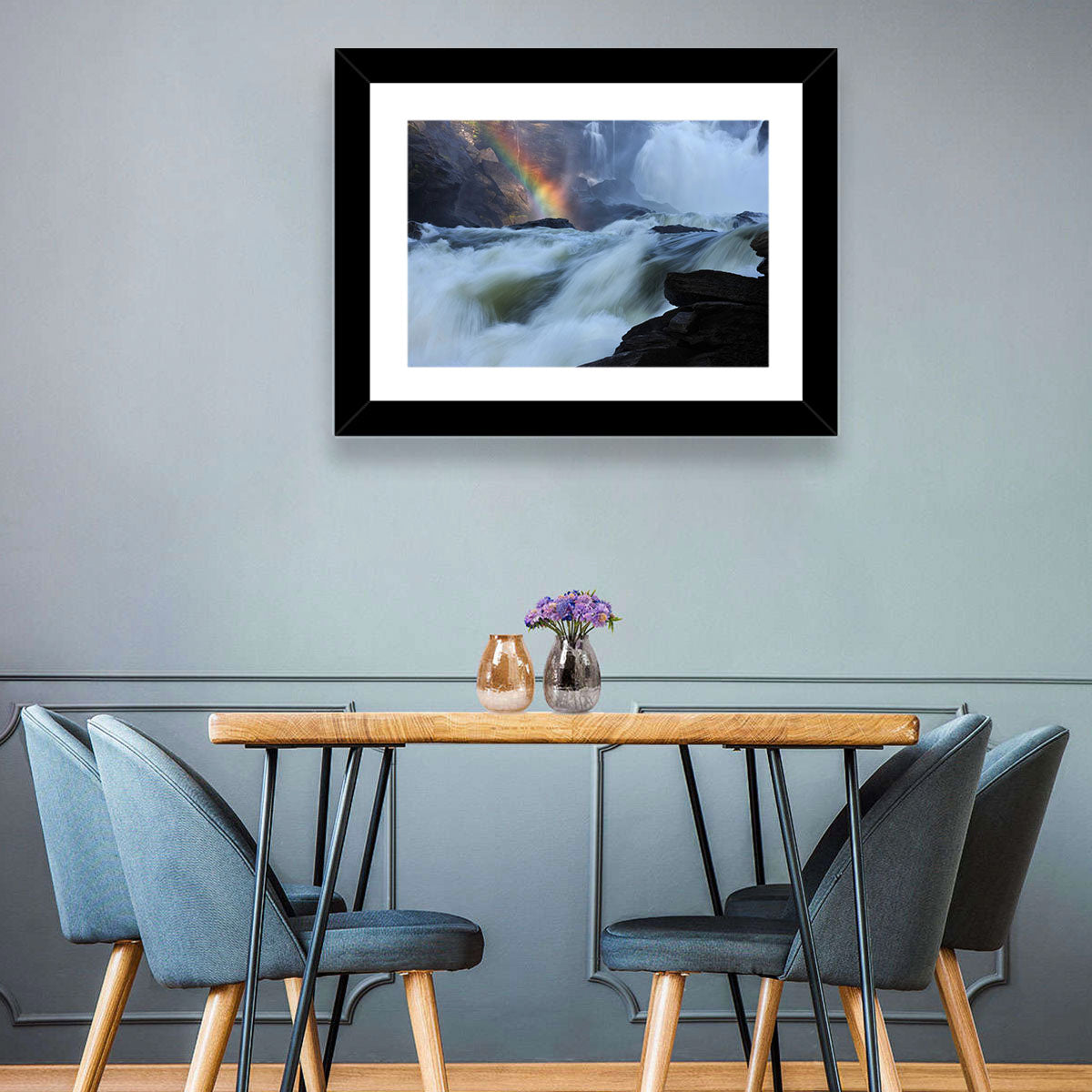 Rainbow Over Rushing River Wall Art in a room, landscape