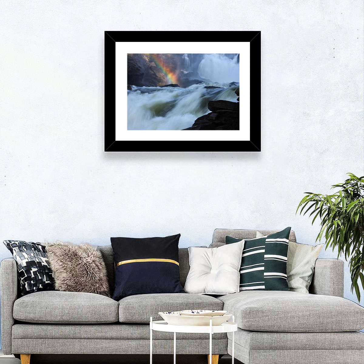 Rainbow Over Rushing River Wall Art in a room, landscape