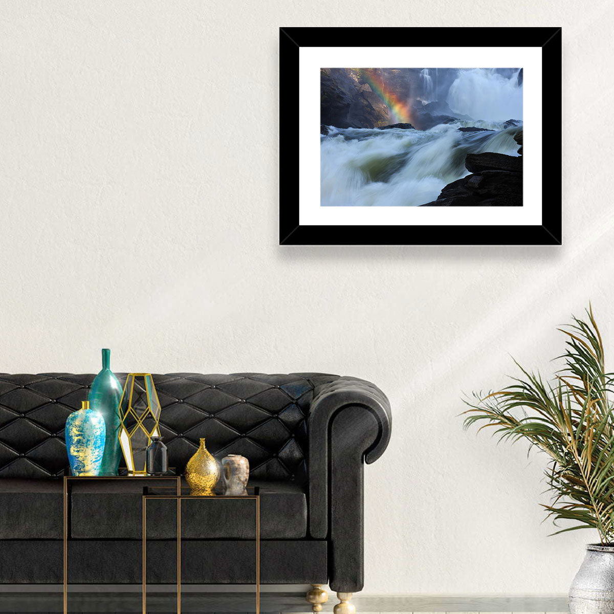 Rainbow Over Rushing River Wall Art in a room, landscape