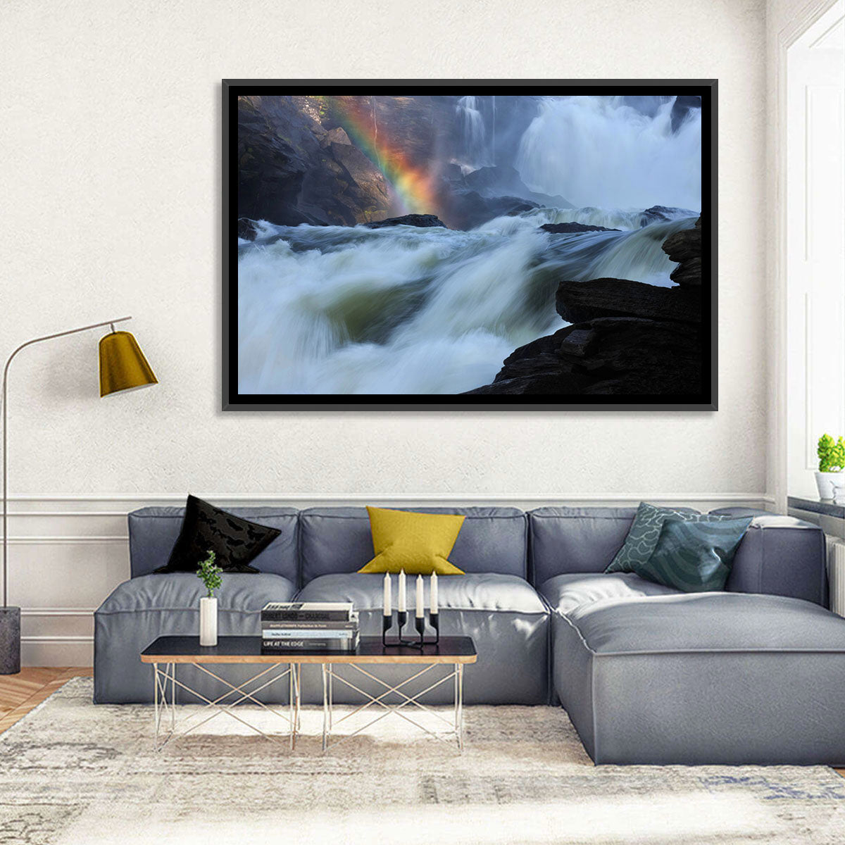 Rainbow Over Rushing River Wall Art in a room, landscape