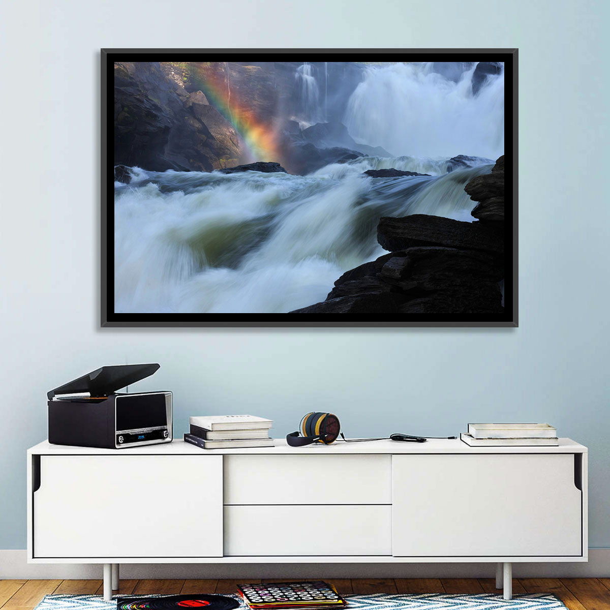 Rainbow Over Rushing River Wall Art in a room, landscape
