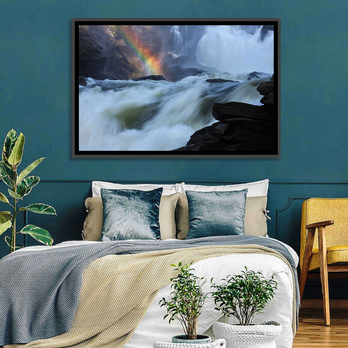 Rainbow Over Rushing River Wall Art in a room, landscape