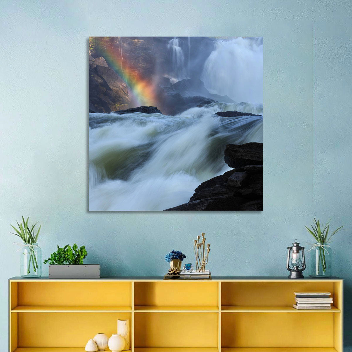 Rainbow Over Rushing River Wall Art in a room, landscape