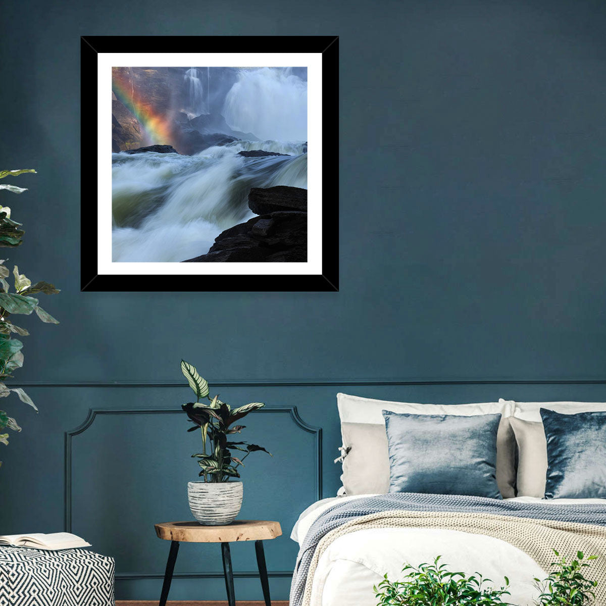 Rainbow Over Rushing River Wall Art in a room, landscape