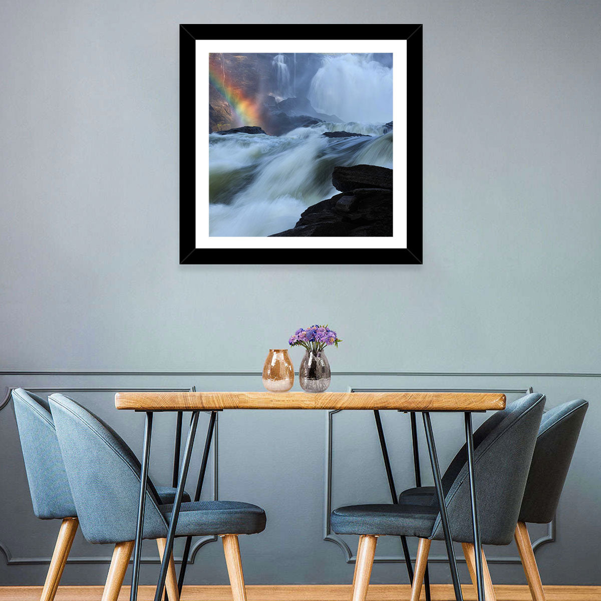 Rainbow Over Rushing River Wall Art in a room, landscape