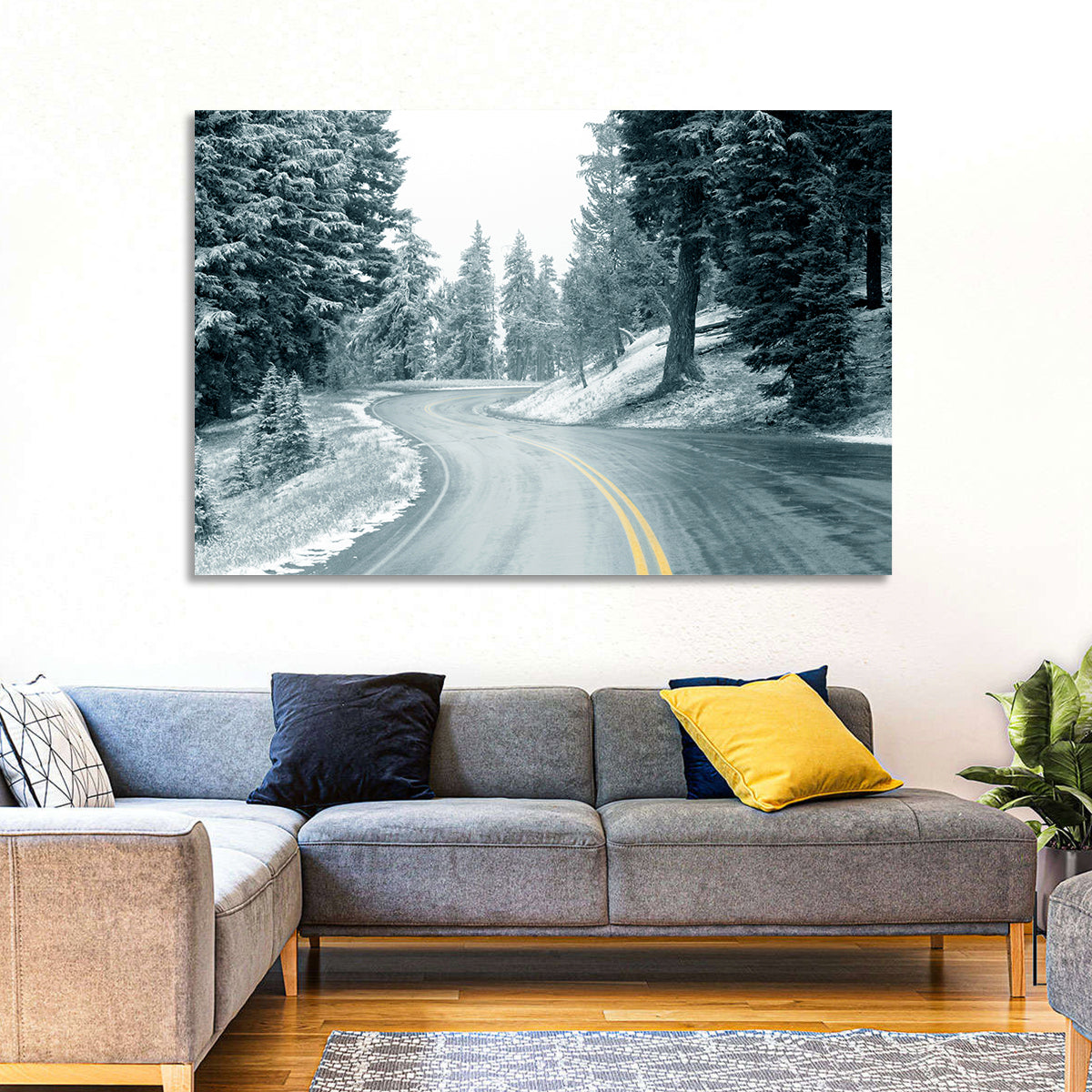 Winding Snowy Highway Wall Art in a room, landscape