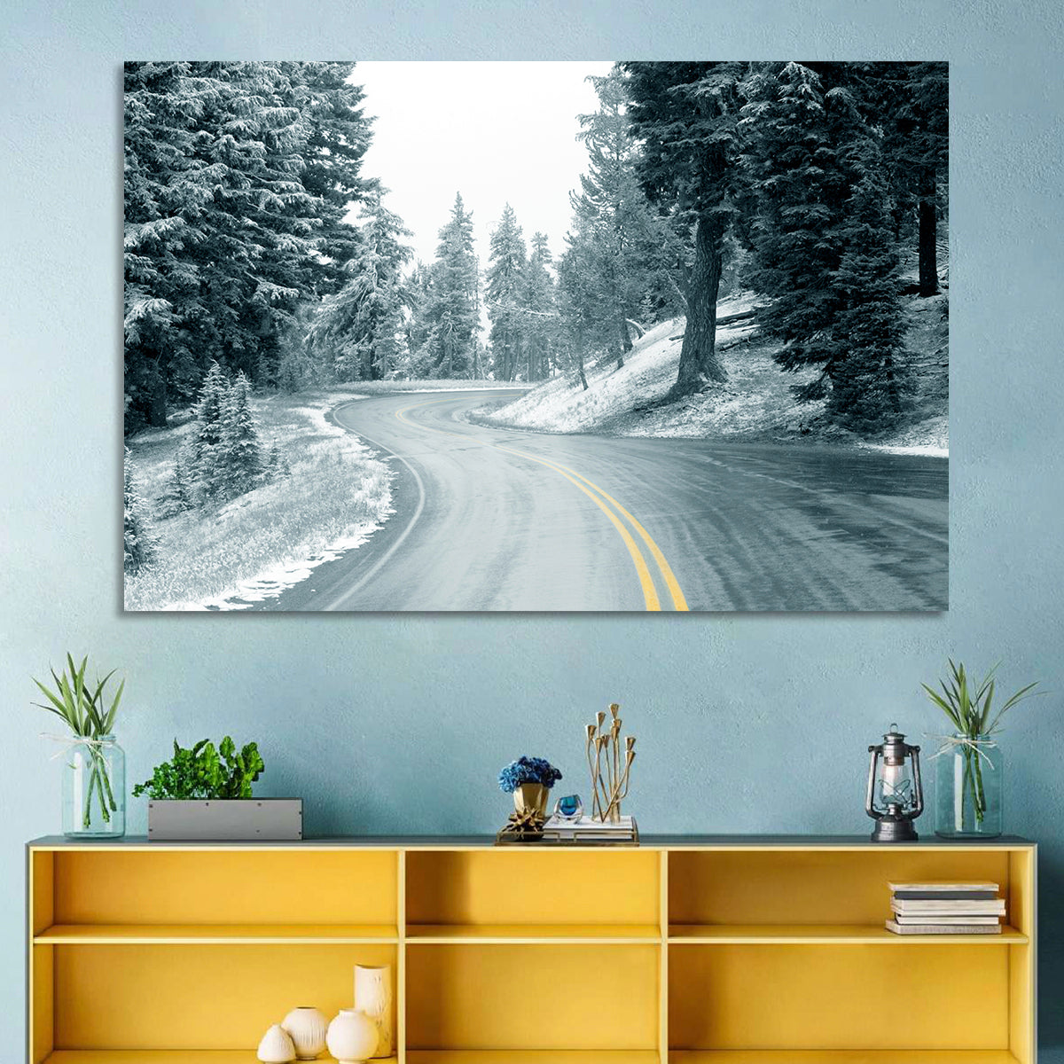 Winding Snowy Highway Wall Art in a room, landscape