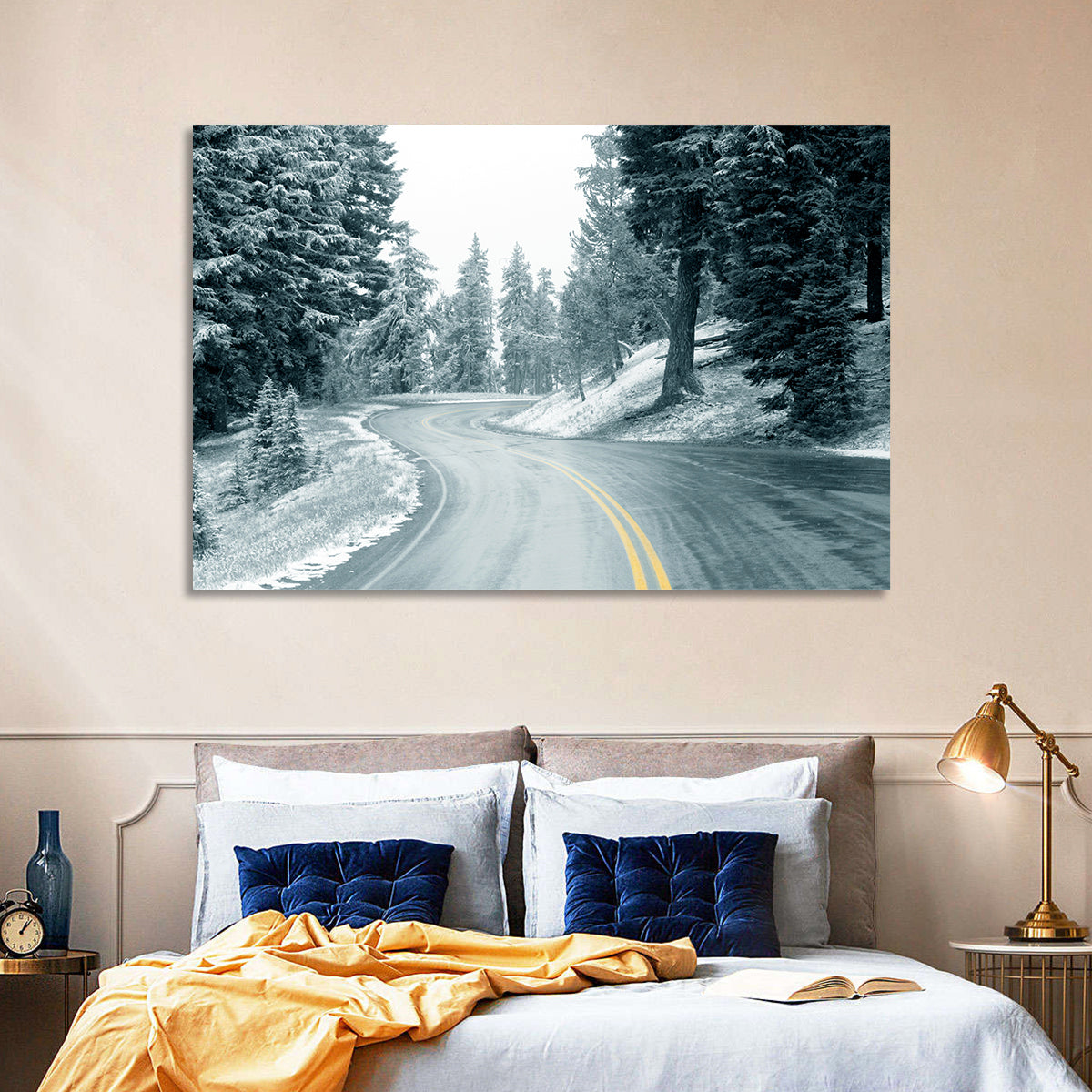 Winding Snowy Highway Wall Art in a room, landscape