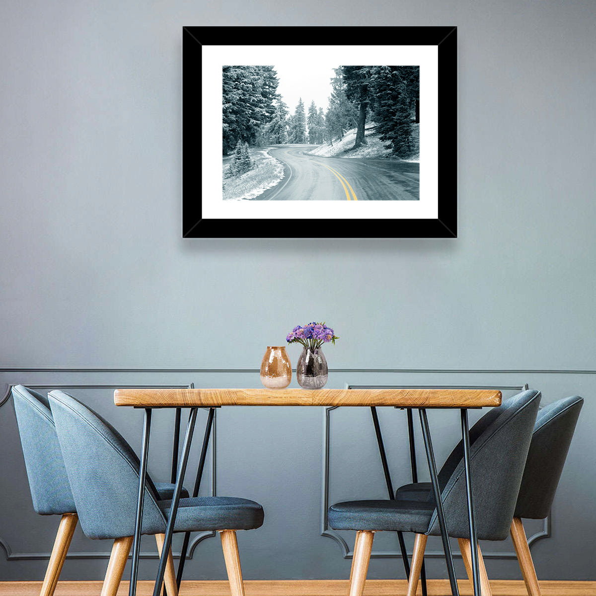 Winding Snowy Highway Wall Art in a room, landscape