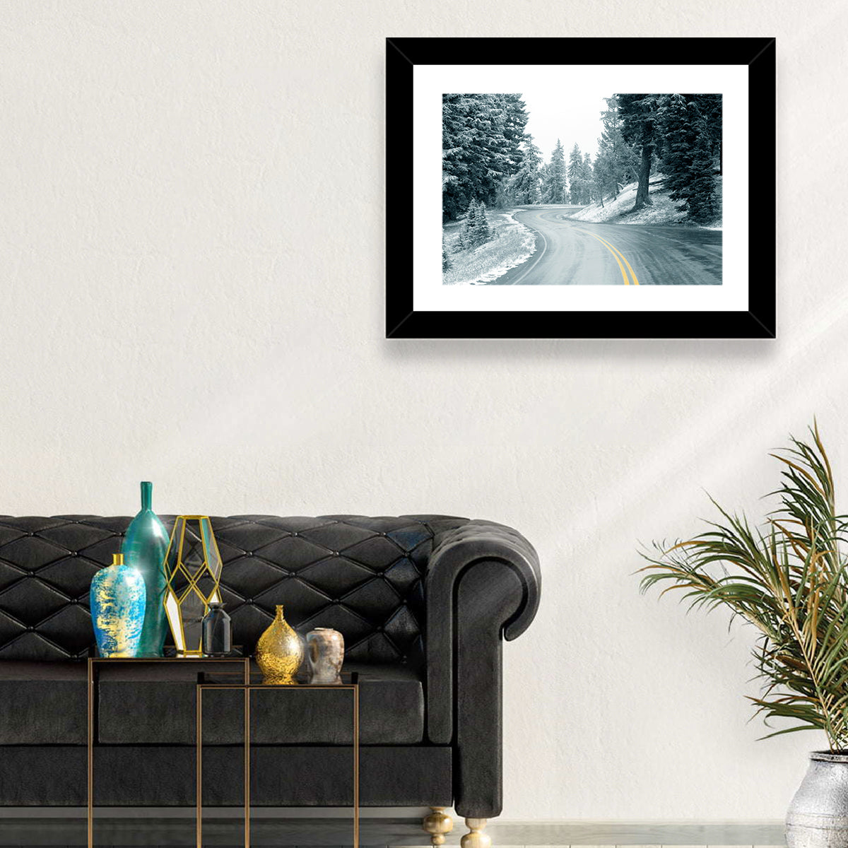 Winding Snowy Highway Wall Art in a room, landscape