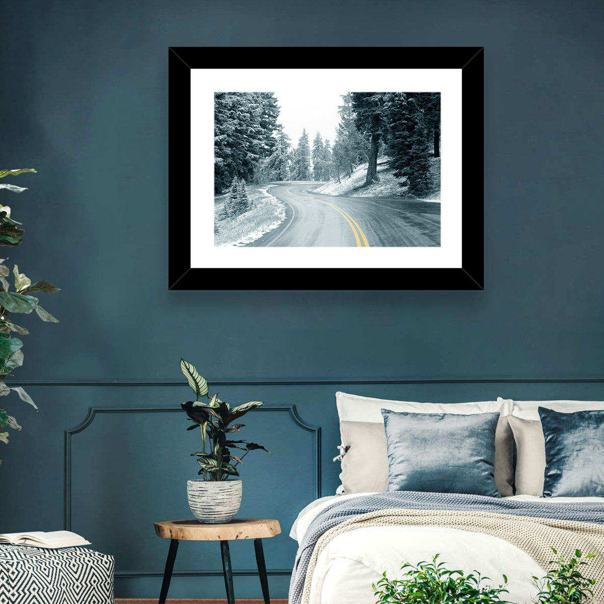 Winding Snowy Highway Wall Art in a room, landscape