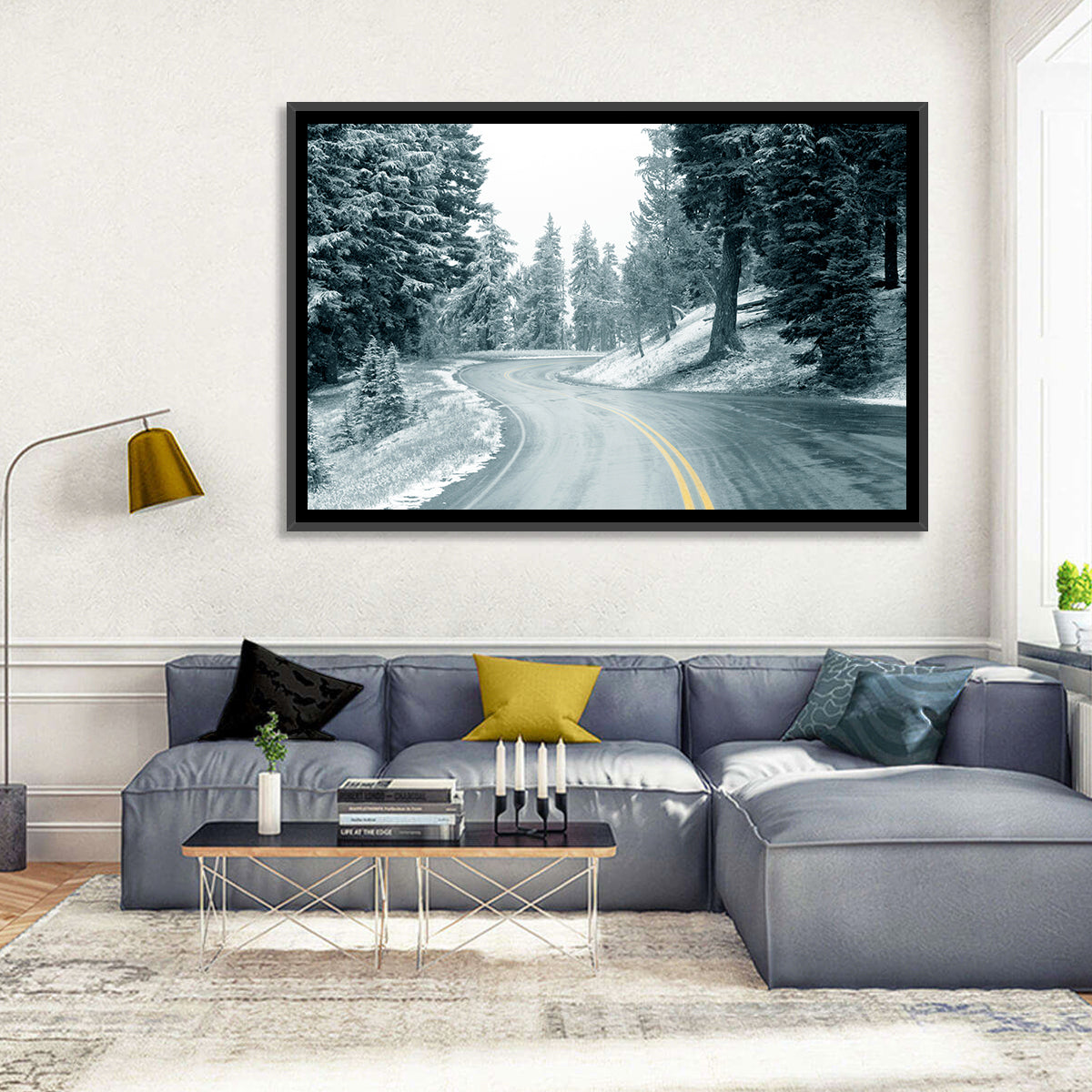 Winding Snowy Highway Wall Art in a room, landscape