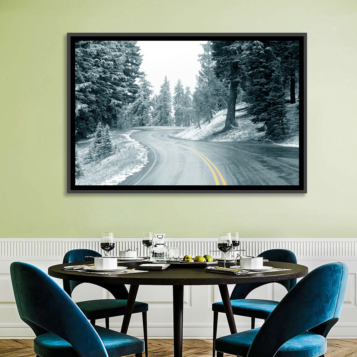 Winding Snowy Highway Wall Art in a room, landscape