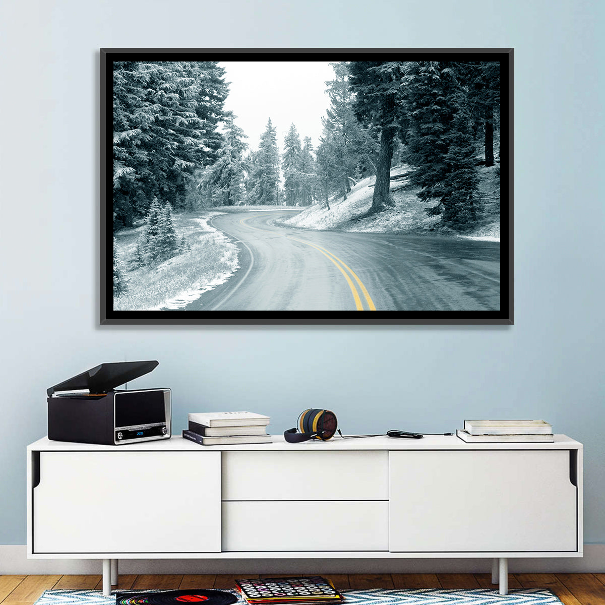Winding Snowy Highway Wall Art in a room, landscape