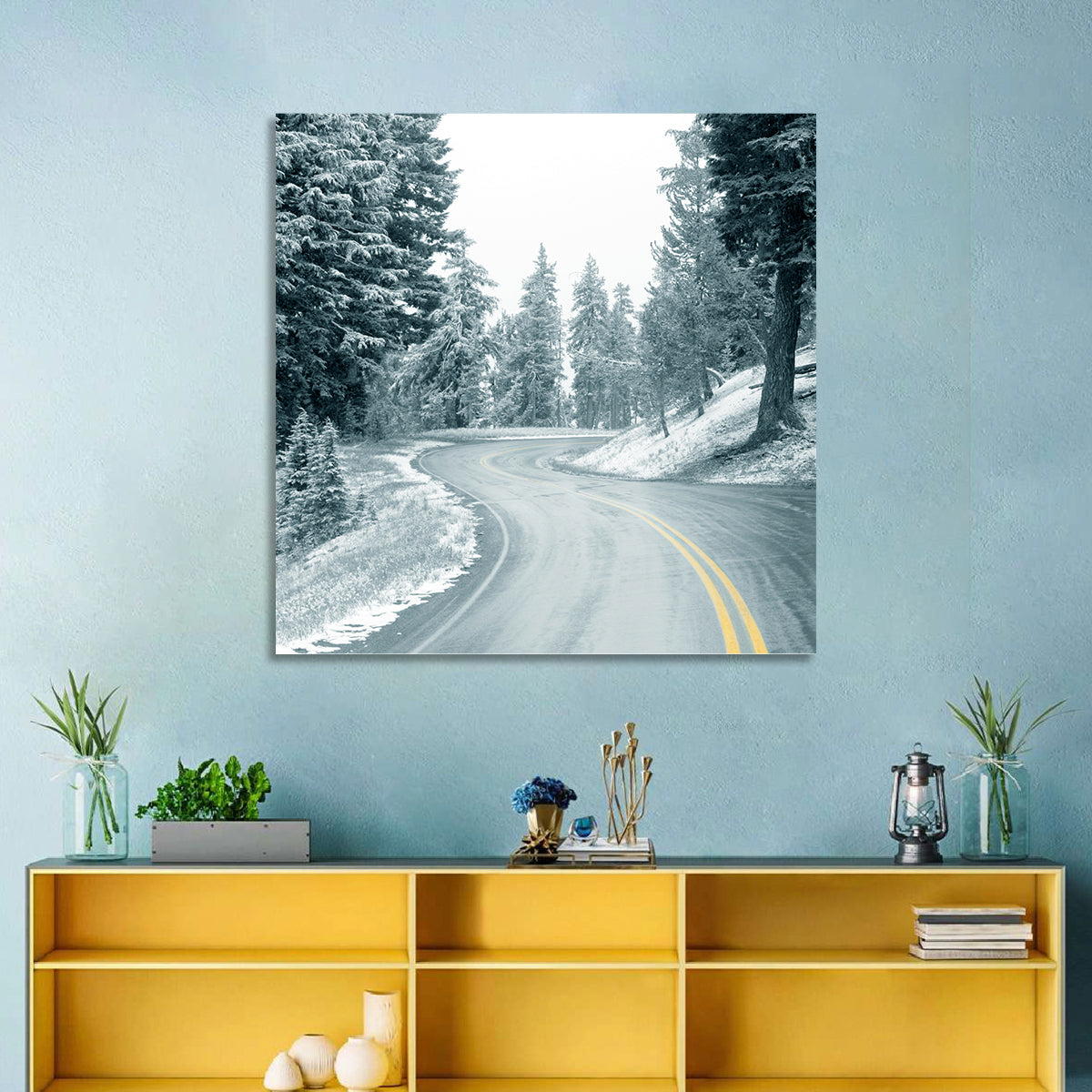 Winding Snowy Highway Wall Art in a room, landscape