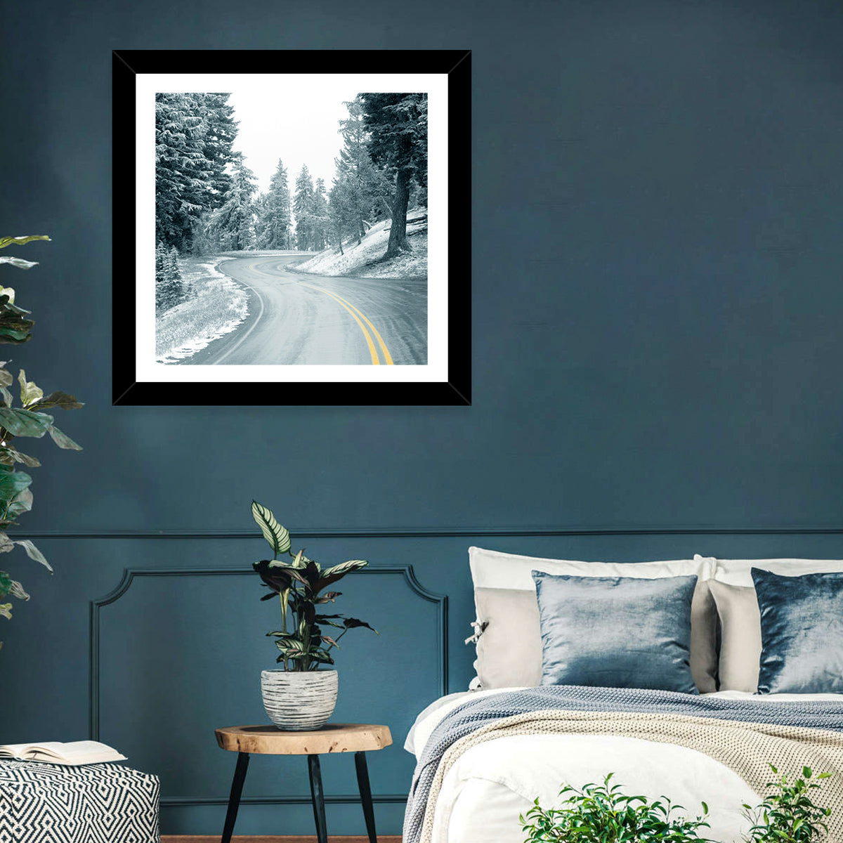 Winding Snowy Highway Wall Art in a room, landscape