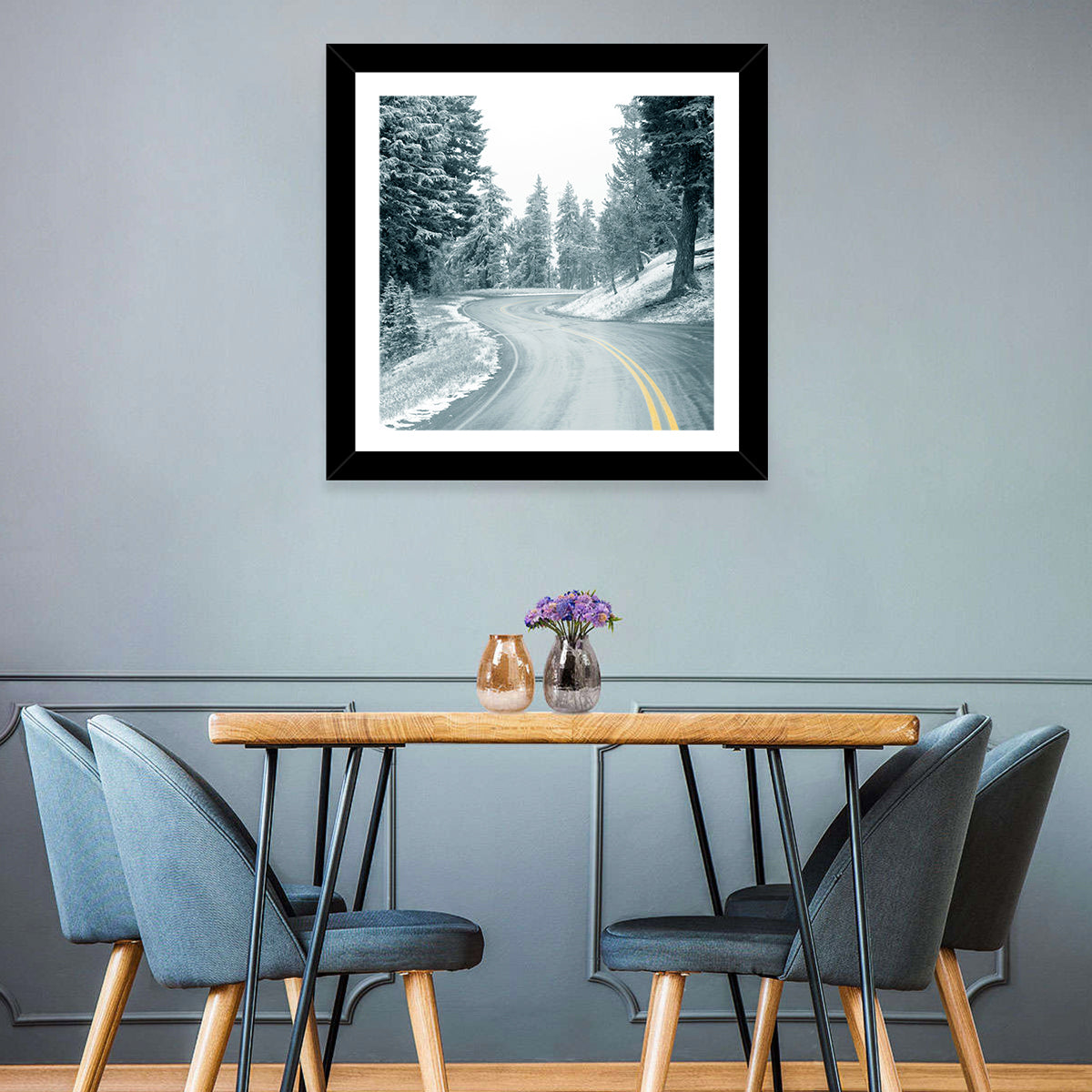 Winding Snowy Highway Wall Art in a room, landscape