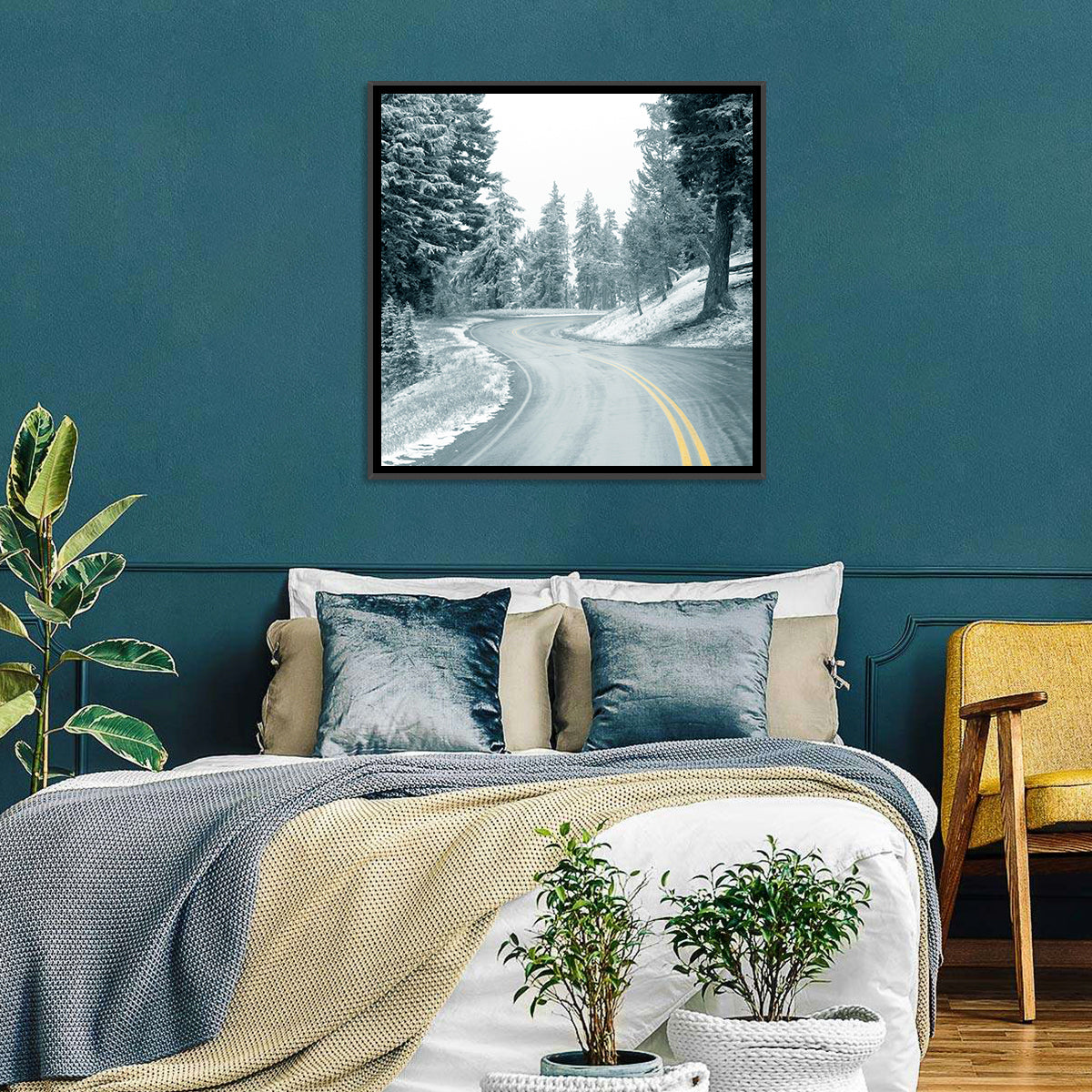 Winding Snowy Highway Wall Art in a room, landscape