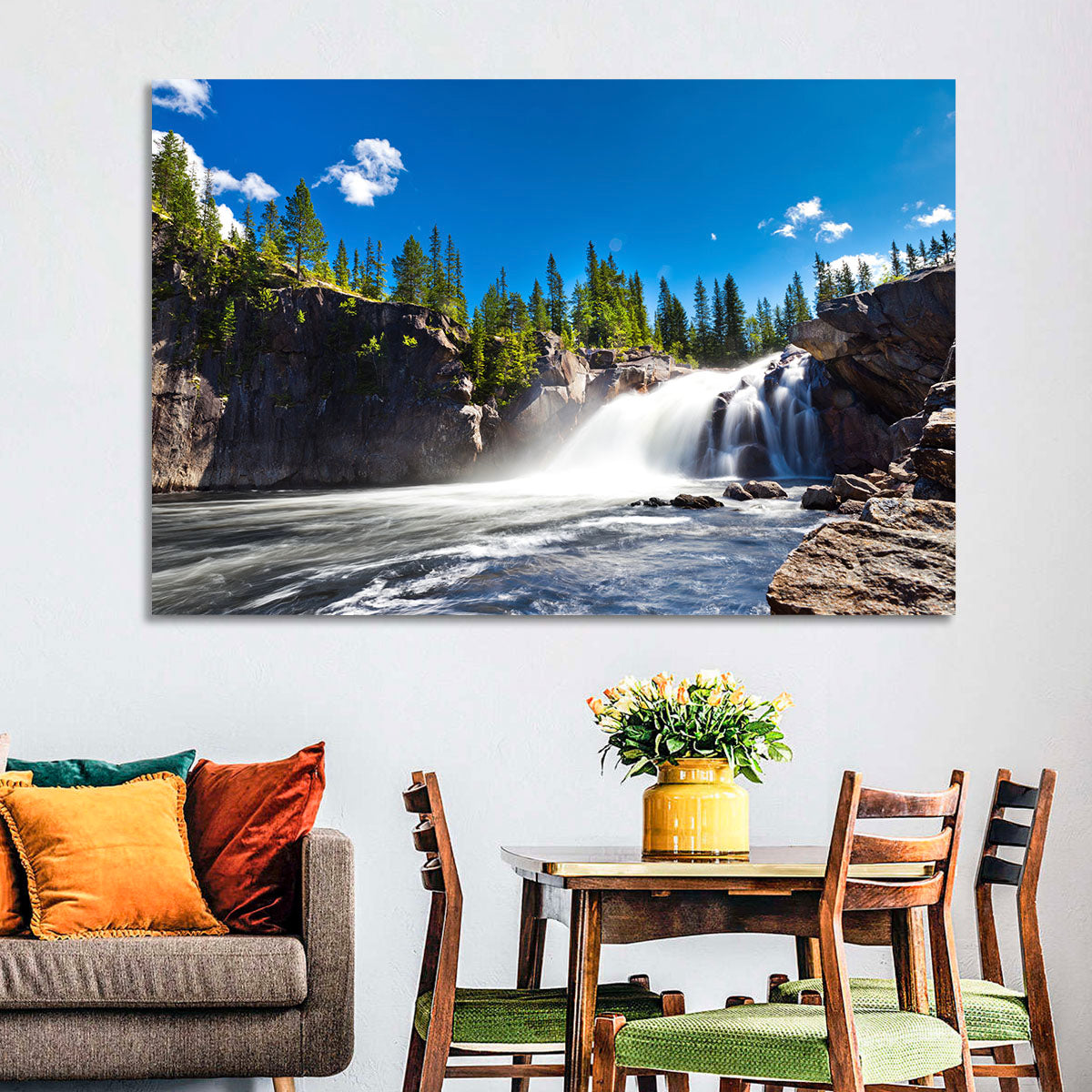 Misty Blue Waterfall Wall Art in a room, landscape