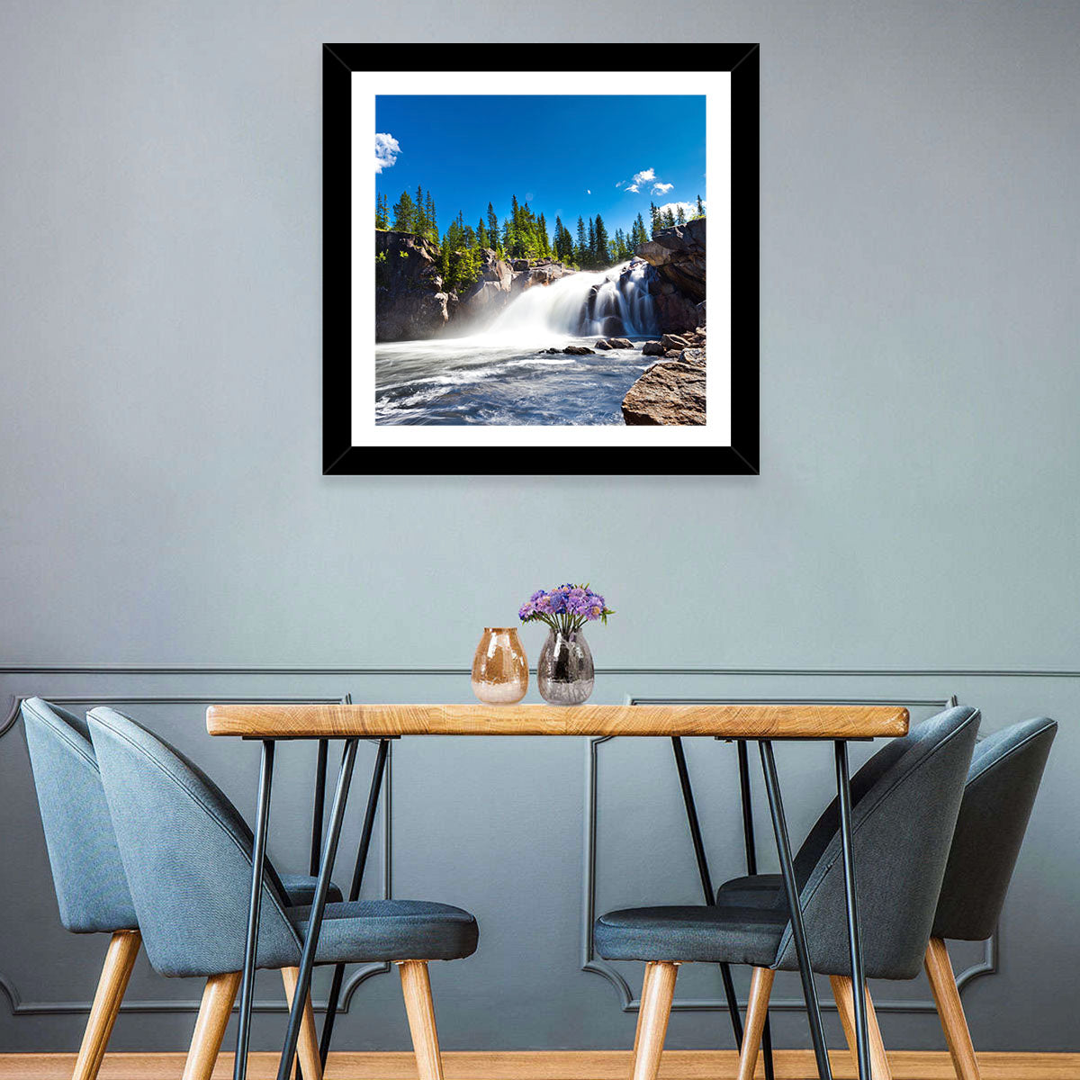 Misty Blue Waterfall Wall Art in a room, landscape