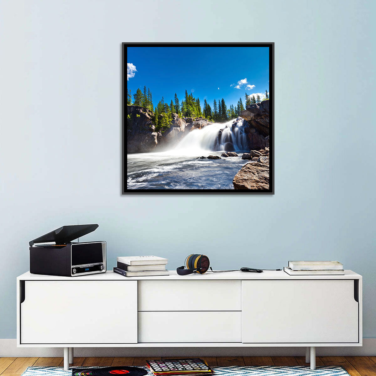 Misty Blue Waterfall Wall Art in a room, landscape