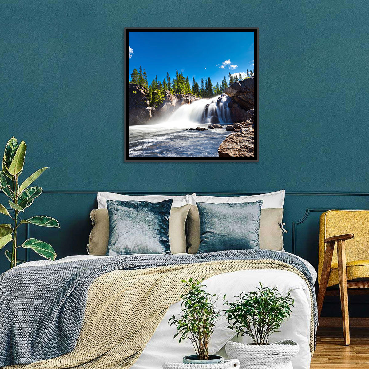 Misty Blue Waterfall Wall Art in a room, landscape