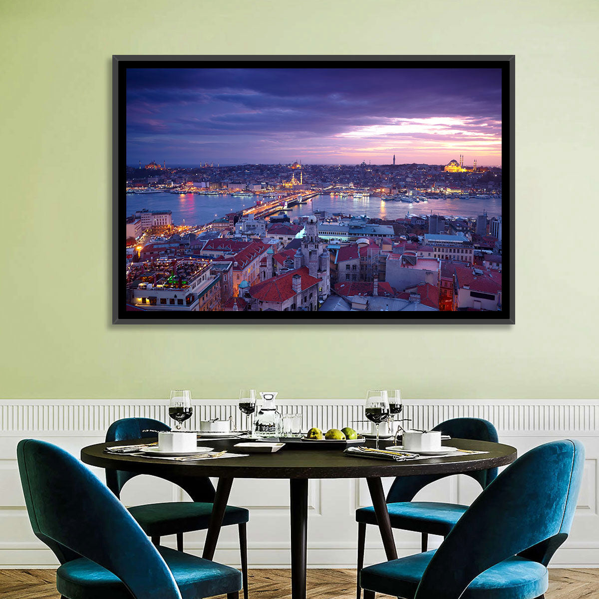 Istanbul Twilight Skyline Wall Art in a room, landscape