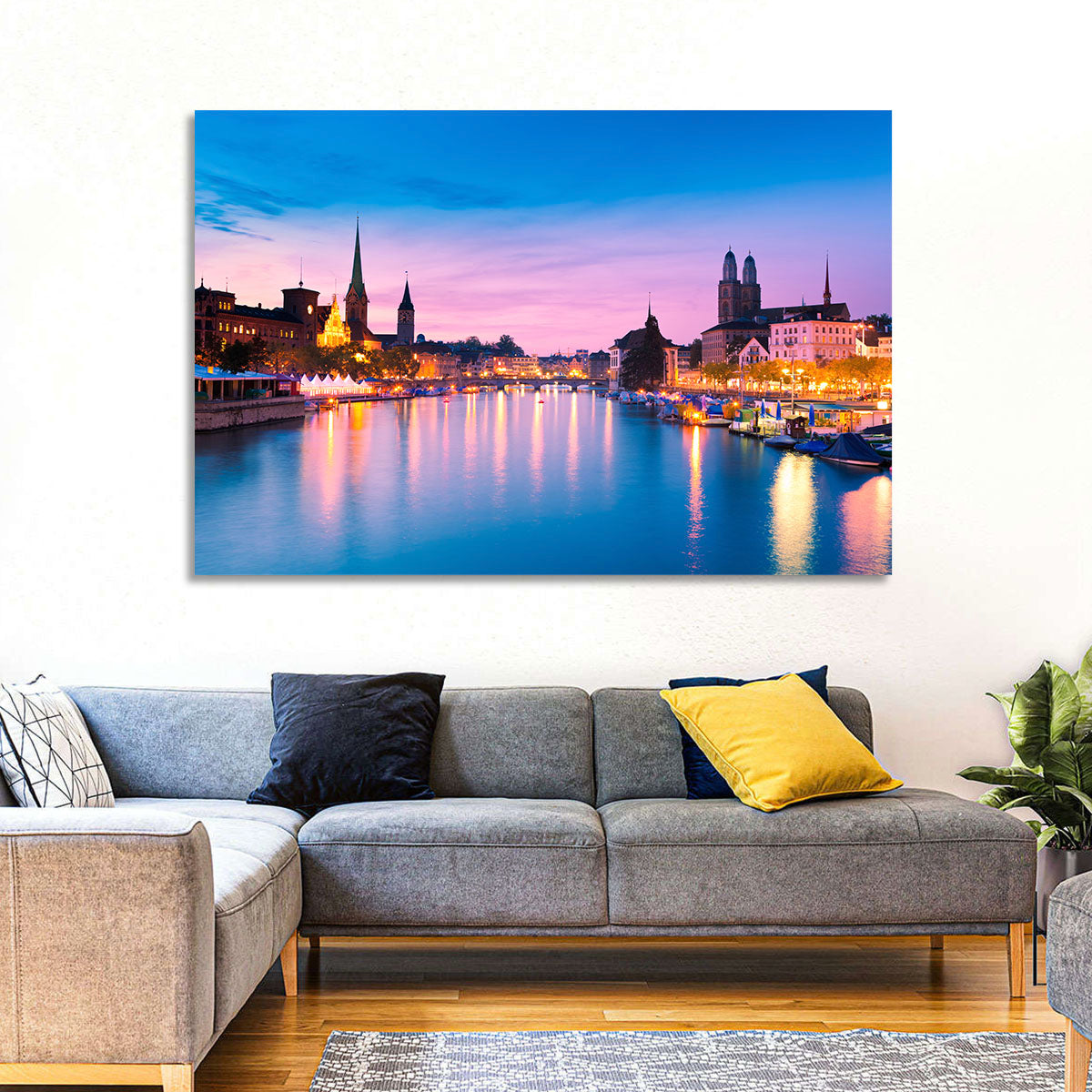 Zurich Blue Hour Over the Limmat Wall Art in a room, landscape