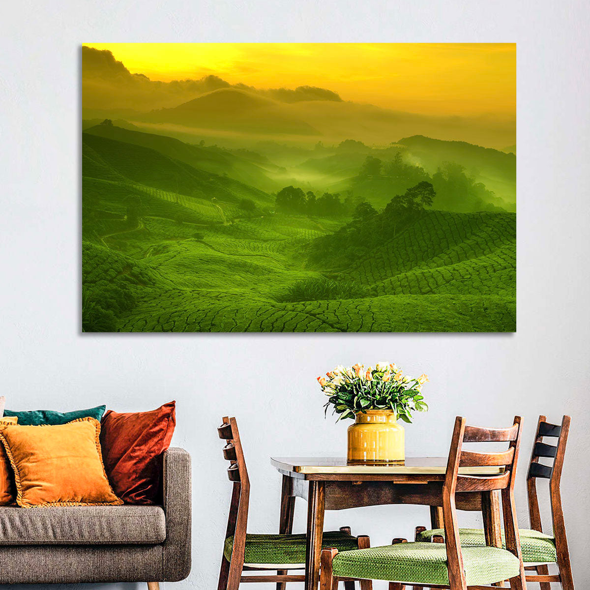 Sunlit Tea Plantation Hills Wall Art in a room, landscape