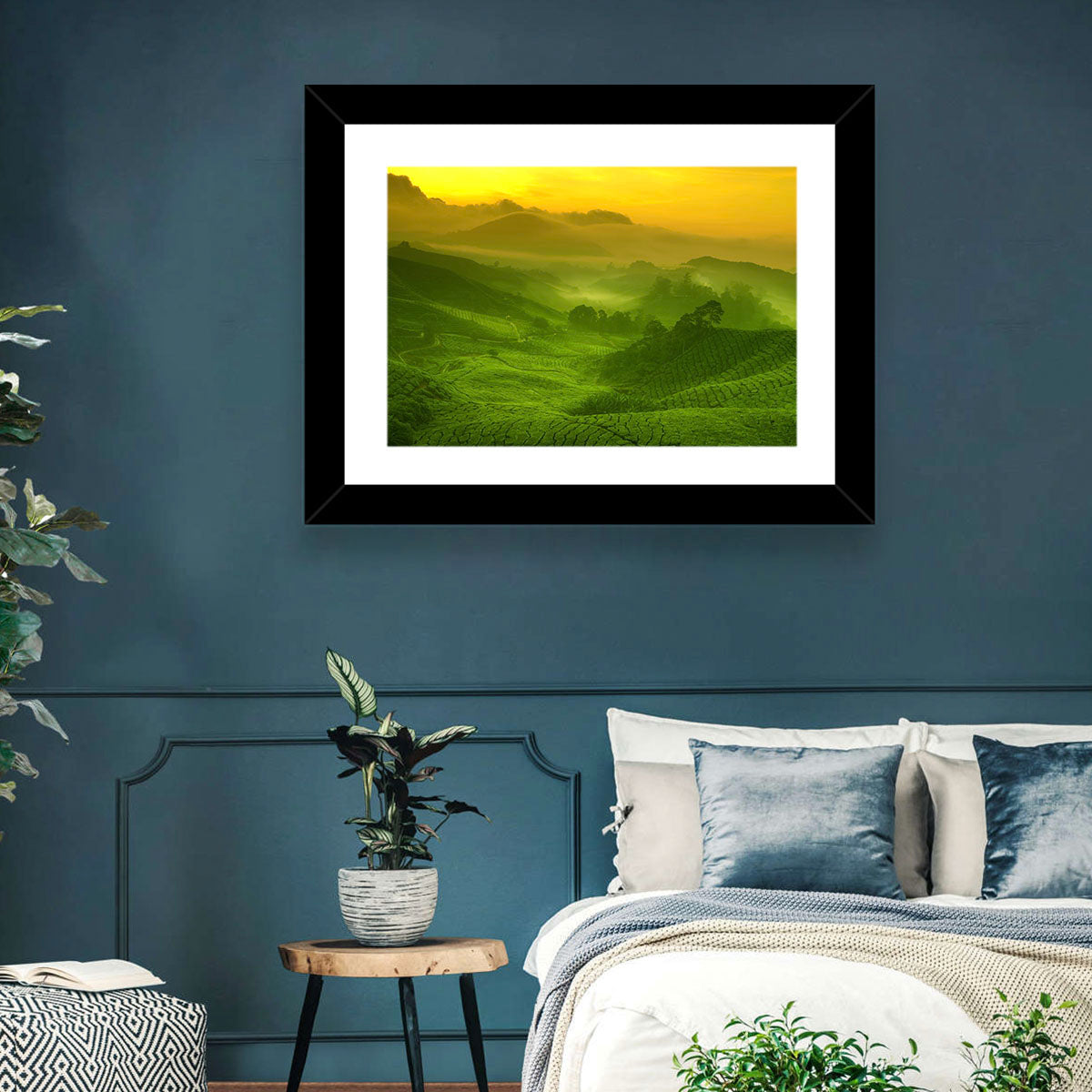 Sunlit Tea Plantation Hills Wall Art in a room, landscape
