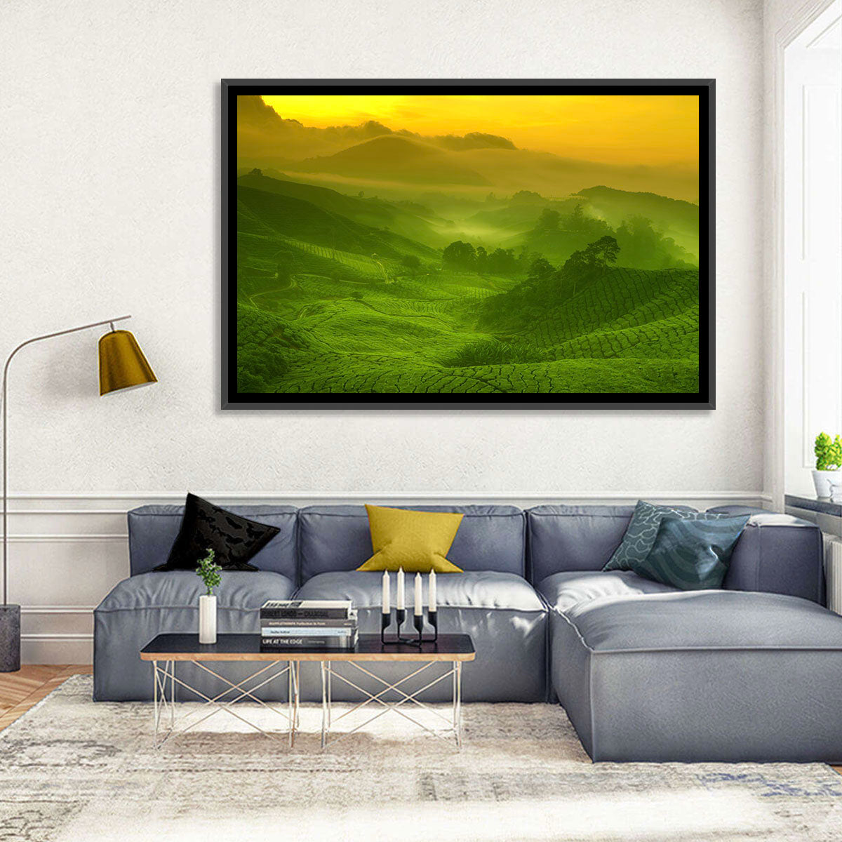Sunlit Tea Plantation Hills Wall Art in a room, landscape