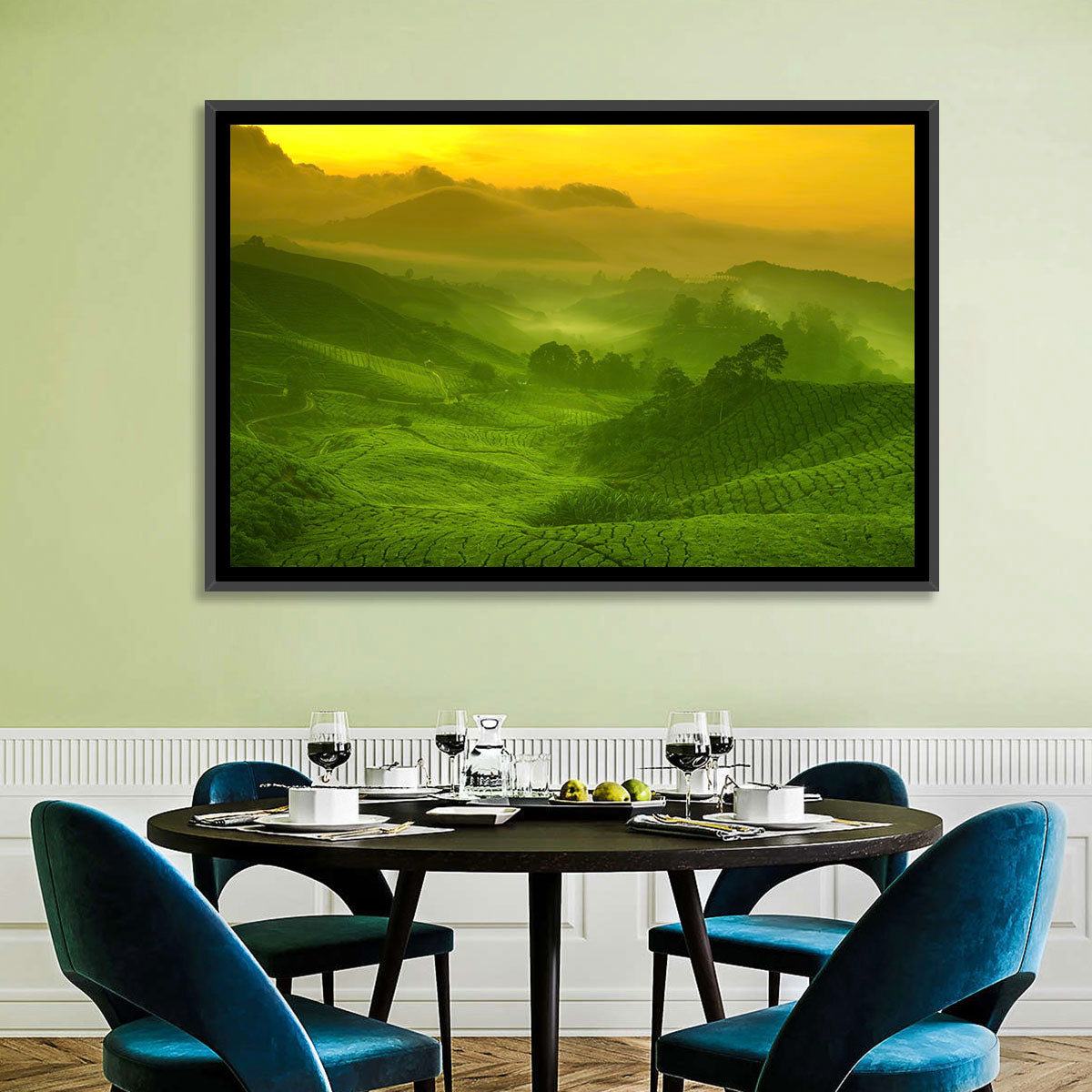 Sunlit Tea Plantation Hills Wall Art in a room, landscape