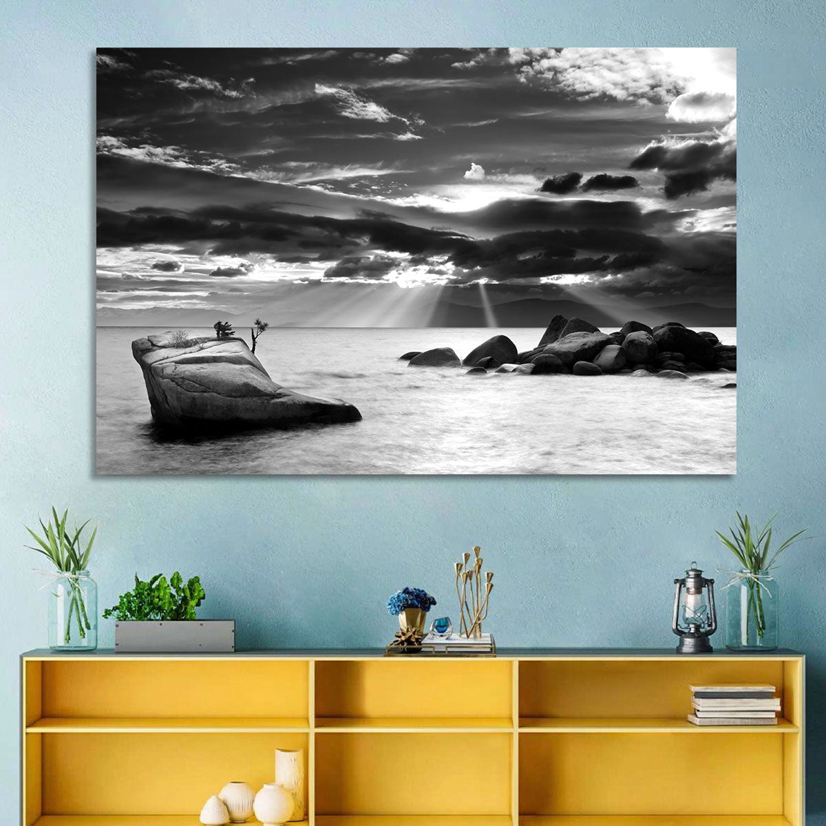Bonsai Rock with Sunbeams Wall Art in a room, landscape