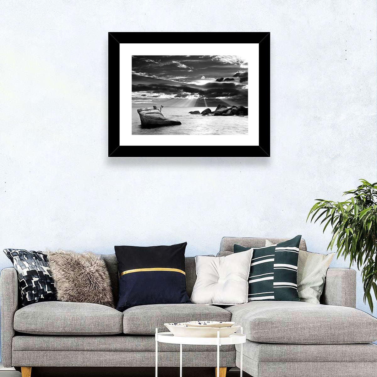 Bonsai Rock with Sunbeams Wall Art in a room, landscape