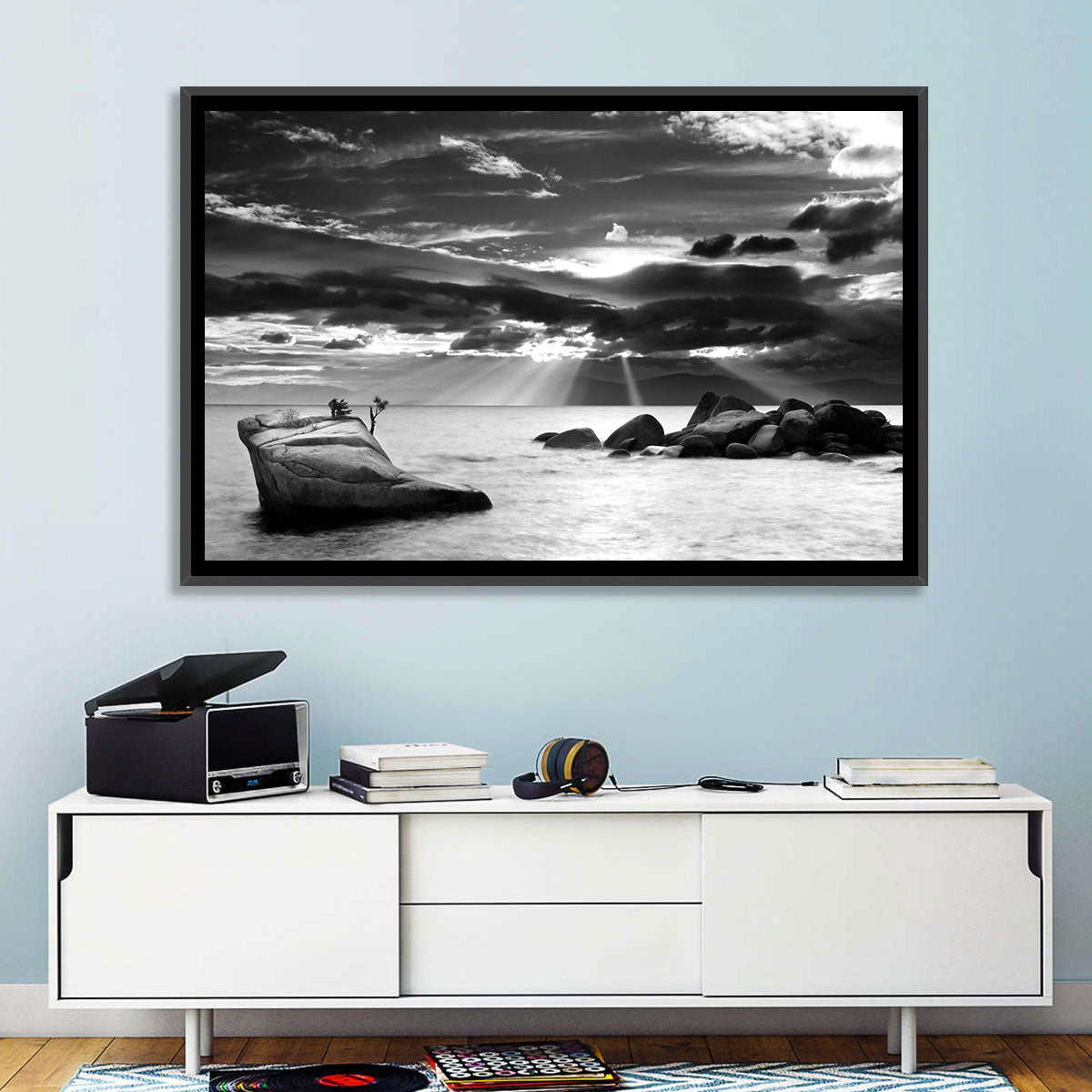 Bonsai Rock with Sunbeams Wall Art in a room, landscape