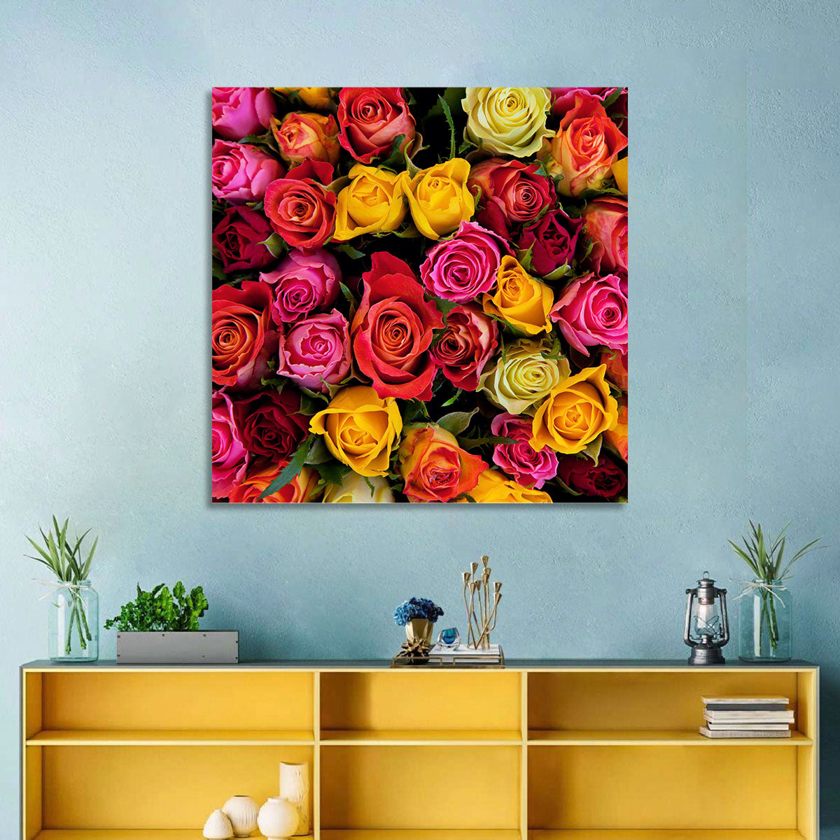 Multicolored Roses Close-up Wall Art in a room, landscape