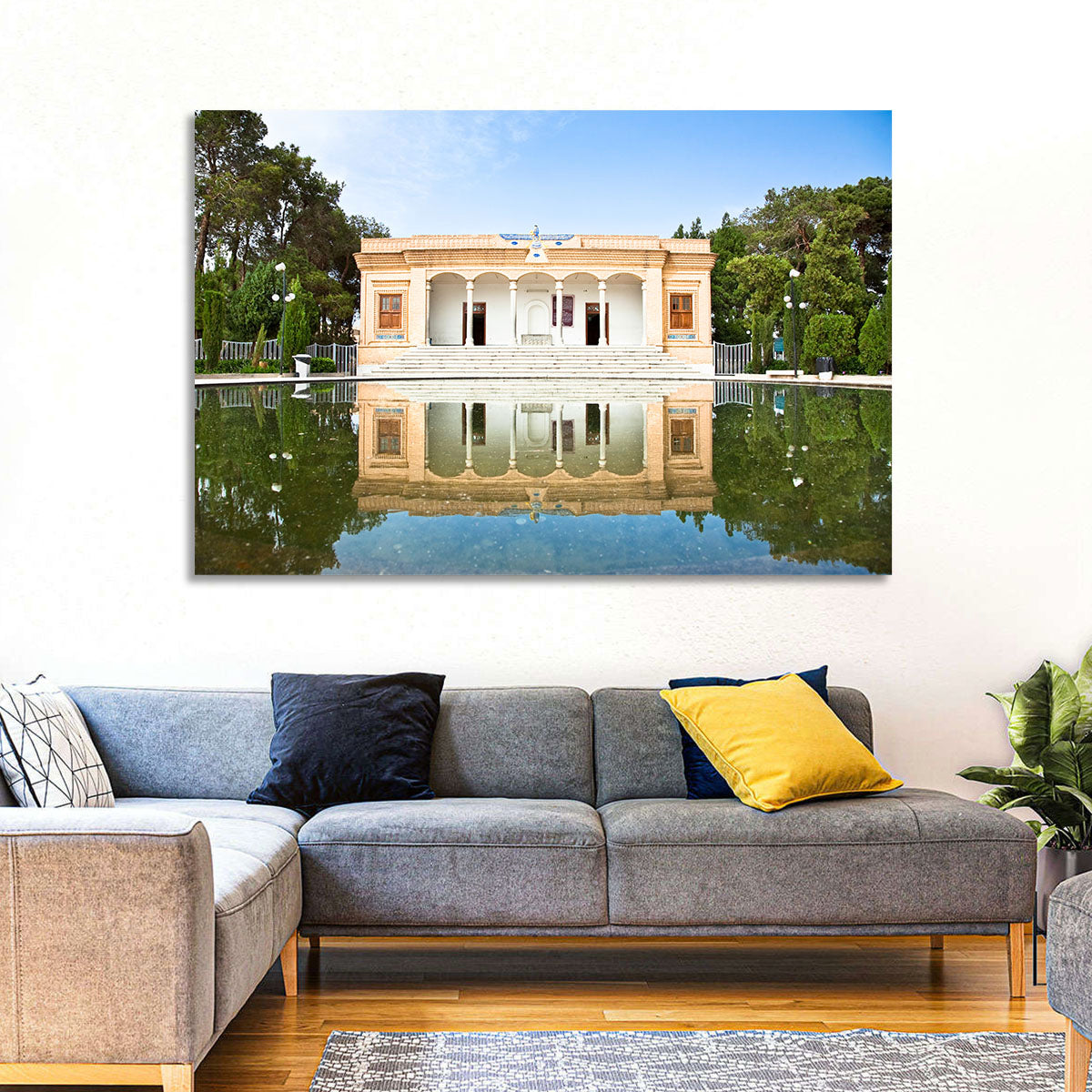 Yazd Fire Temple Reflection Wall Art in a room, landscape