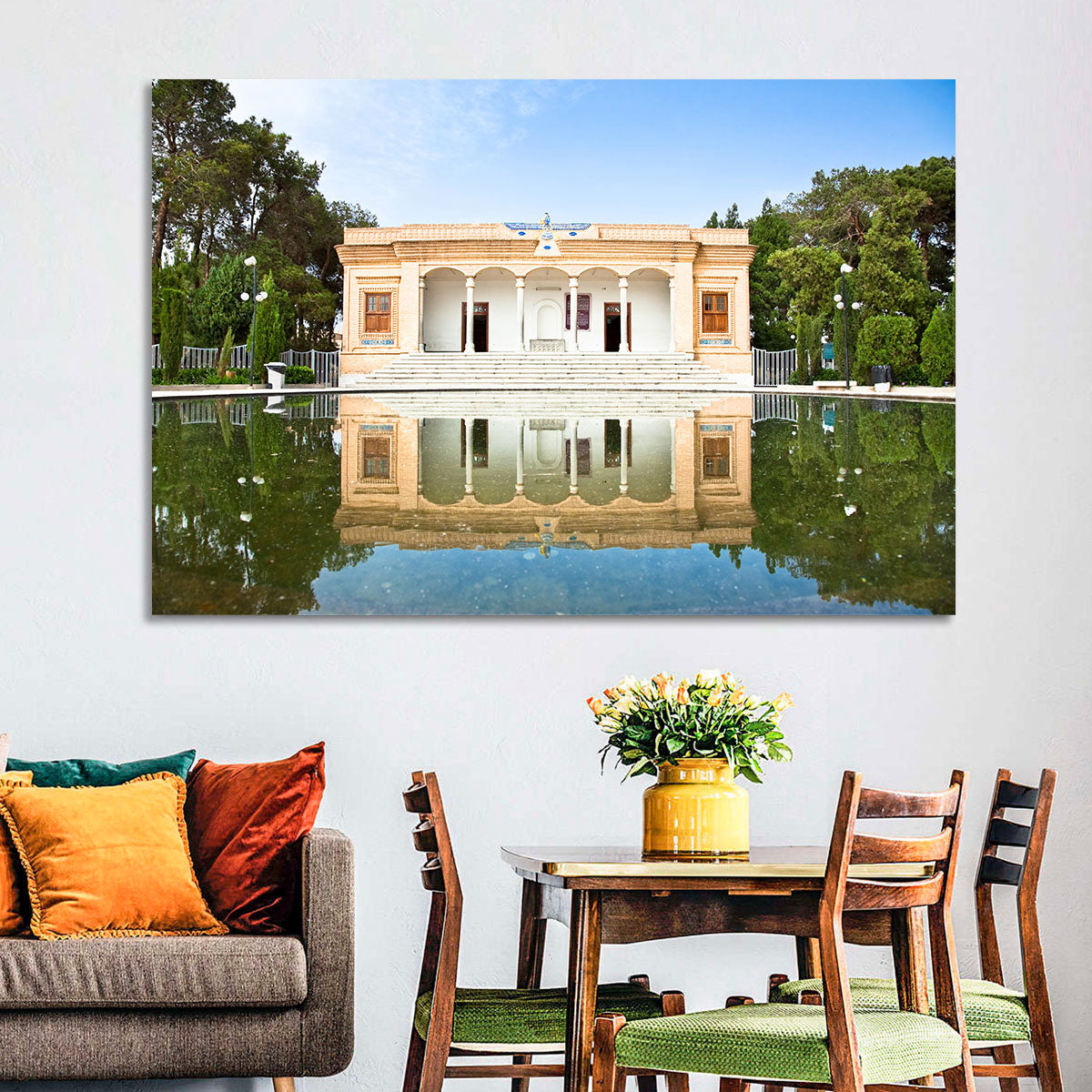 Yazd Fire Temple Reflection Wall Art in a room, landscape