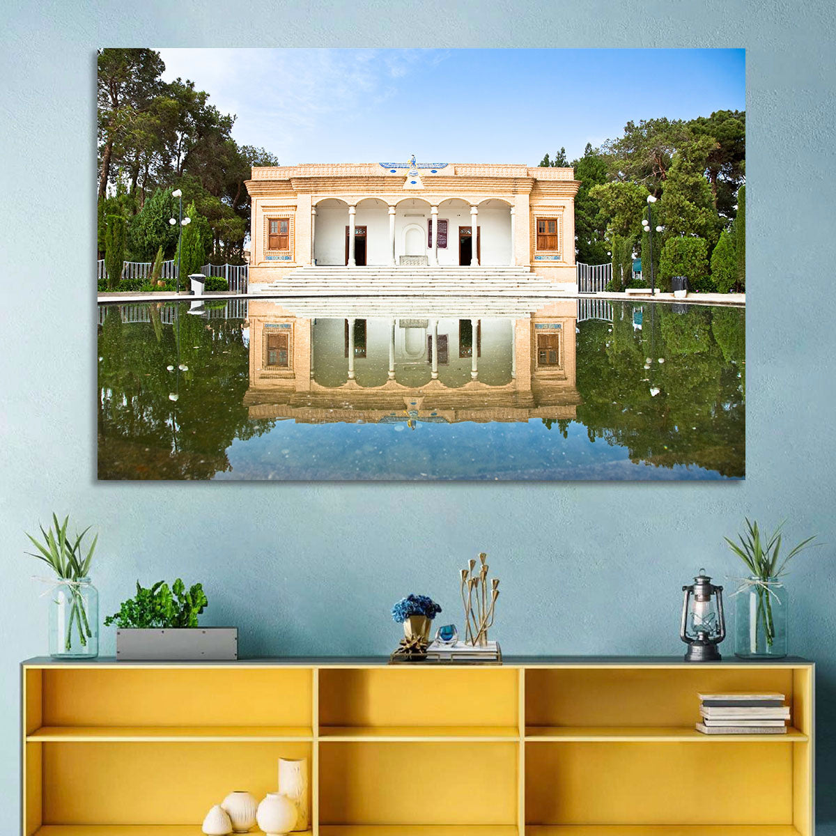 Yazd Fire Temple Reflection Wall Art in a room, landscape
