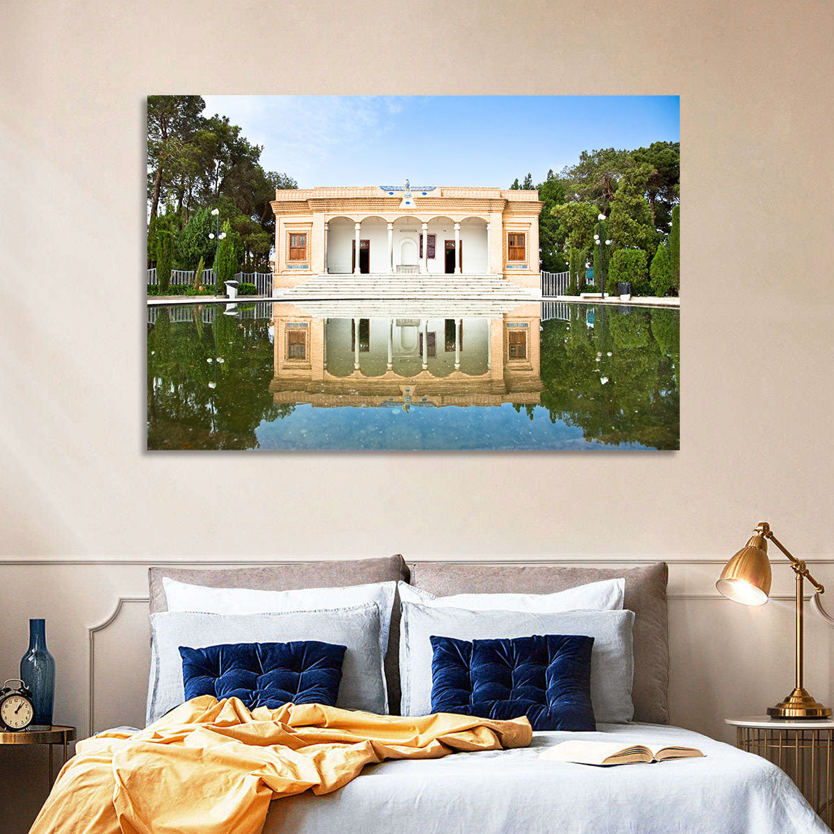 Yazd Fire Temple Reflection Wall Art in a room, landscape