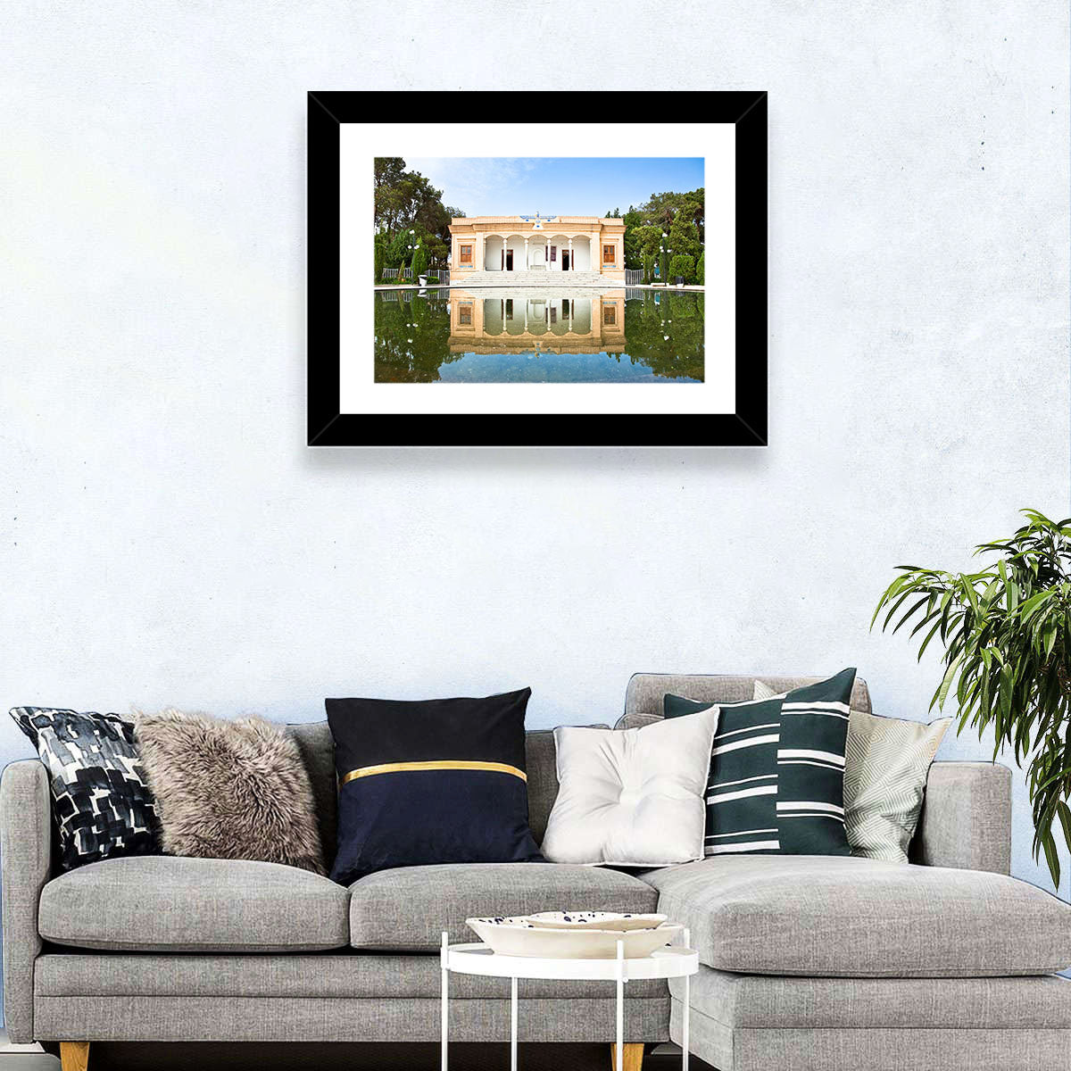 Yazd Fire Temple Reflection Wall Art in a room, landscape