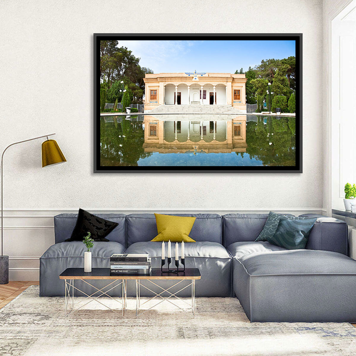 Yazd Fire Temple Reflection Wall Art in a room, landscape