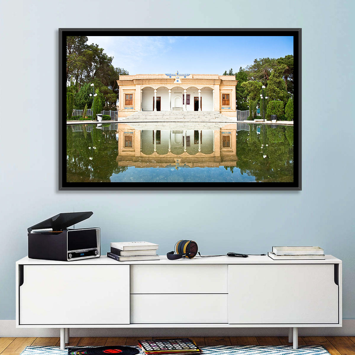 Yazd Fire Temple Reflection Wall Art in a room, landscape