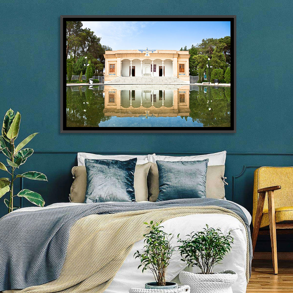 Yazd Fire Temple Reflection Wall Art in a room, landscape