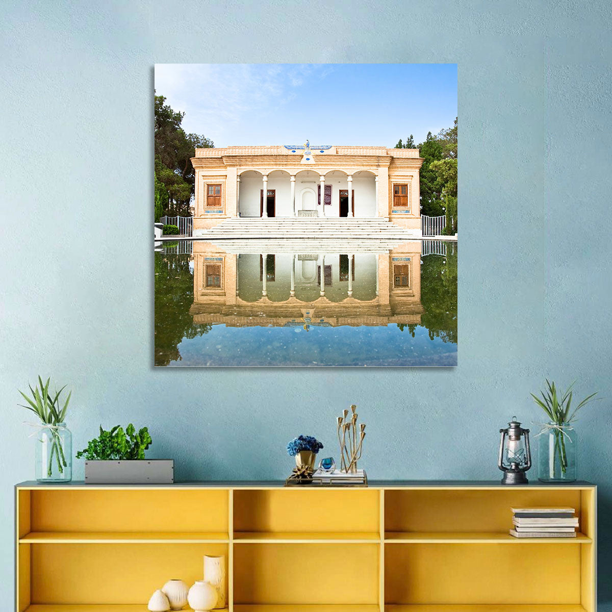 Yazd Fire Temple Reflection Wall Art in a room, landscape